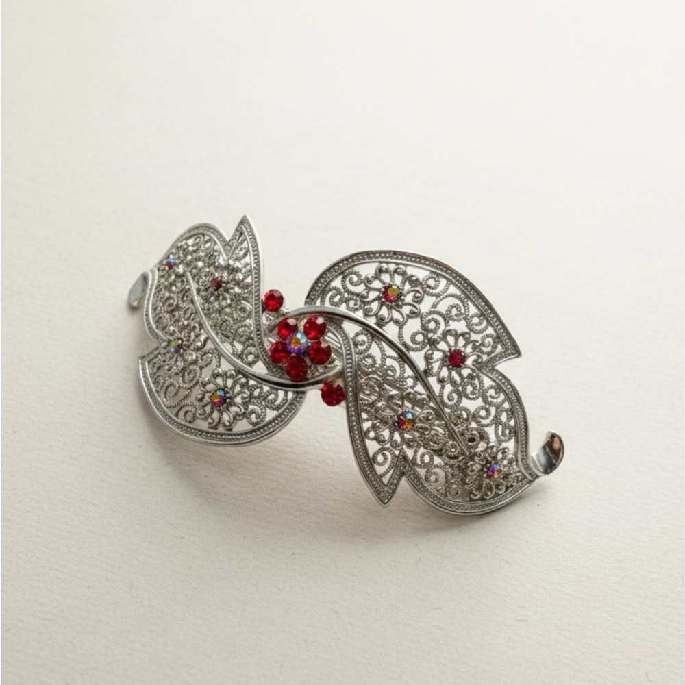 Vintage Ornate Silver Tone Hair Barrette with Red Floral Rhinestones